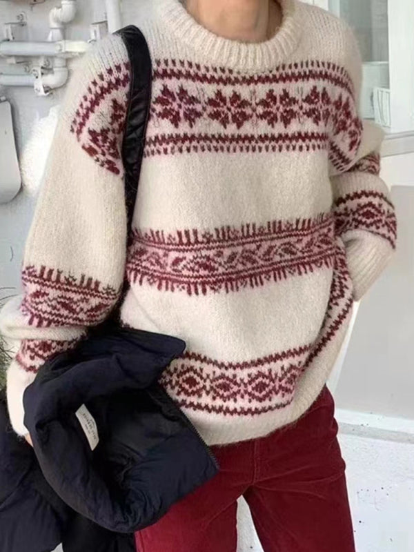 Warm Fair Isle women's sweater, a relaxed fit long-sleeve pullover perfect for casual autumn style.