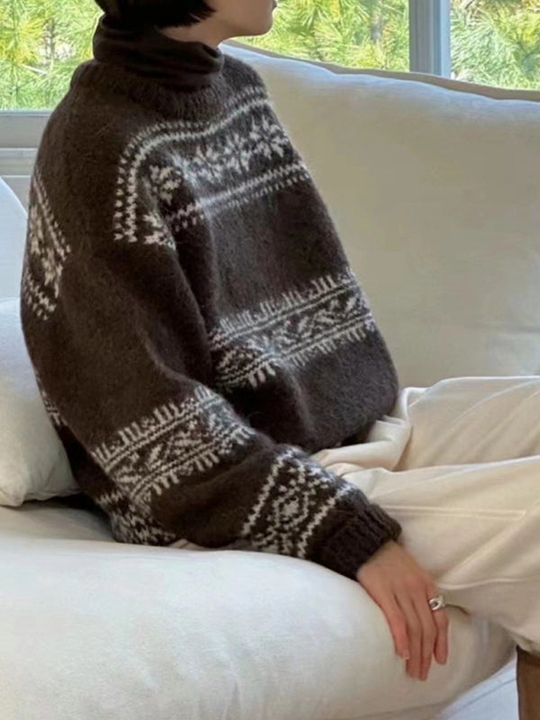 Versatile women's Fair Isle cozy knit sweater. Relaxed fit pullover, ideal for stylish winter fashion.