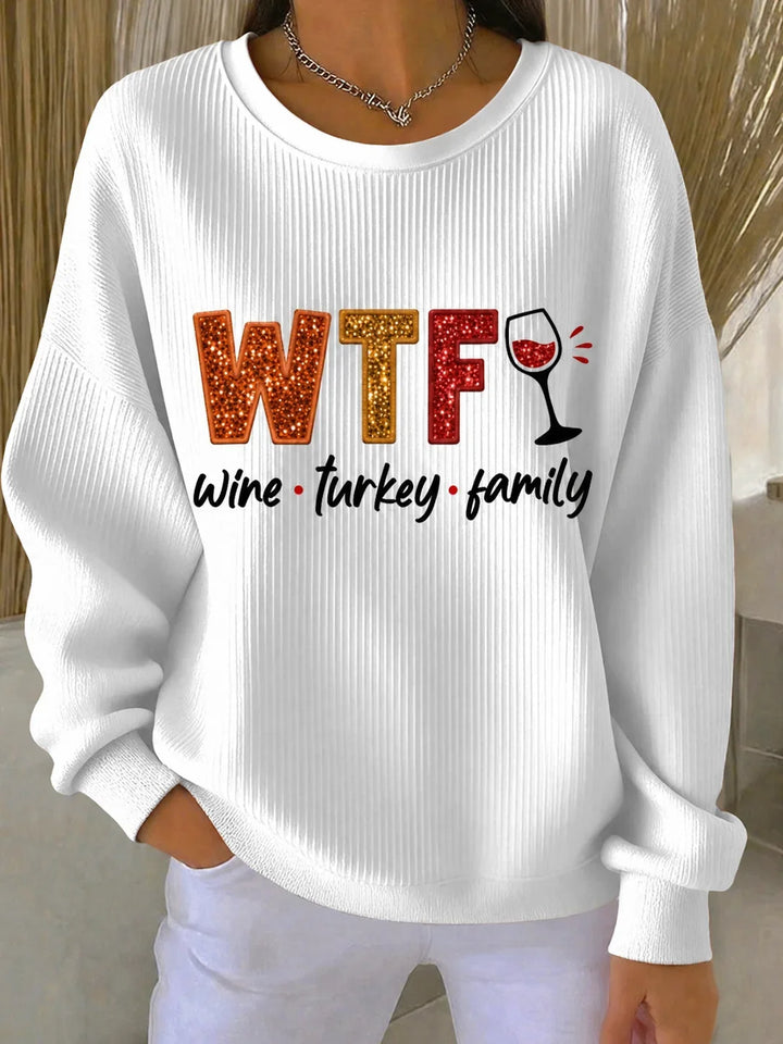 Autumn fashion women's long-sleeve graphic tee shirt. Thanksgiving holiday top, crew neck, cozy casual wear.