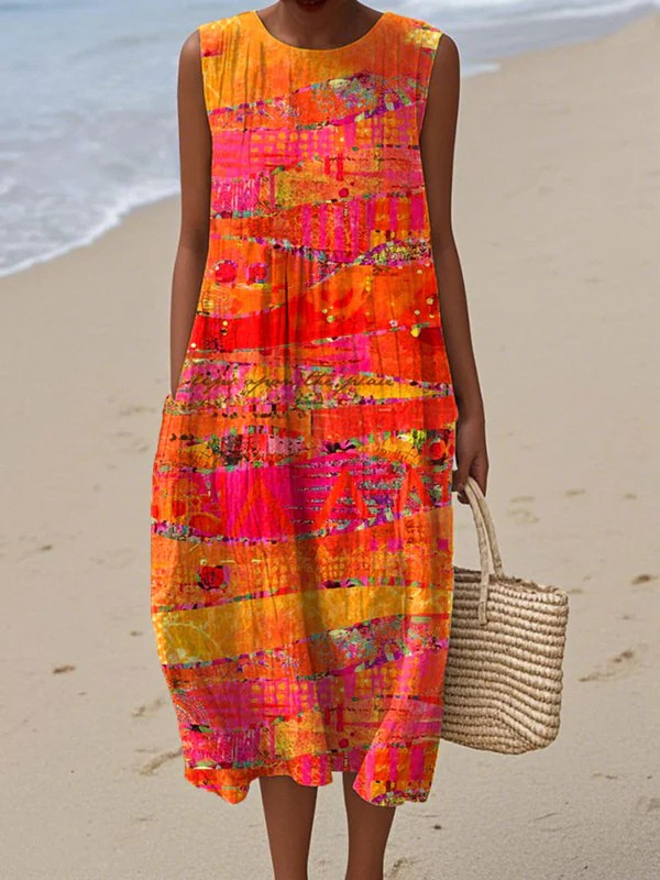 Women's Faye Sunset flowy sleeveless midi dress. Multicolor casual & elegant summer vacation wear for effortless style.