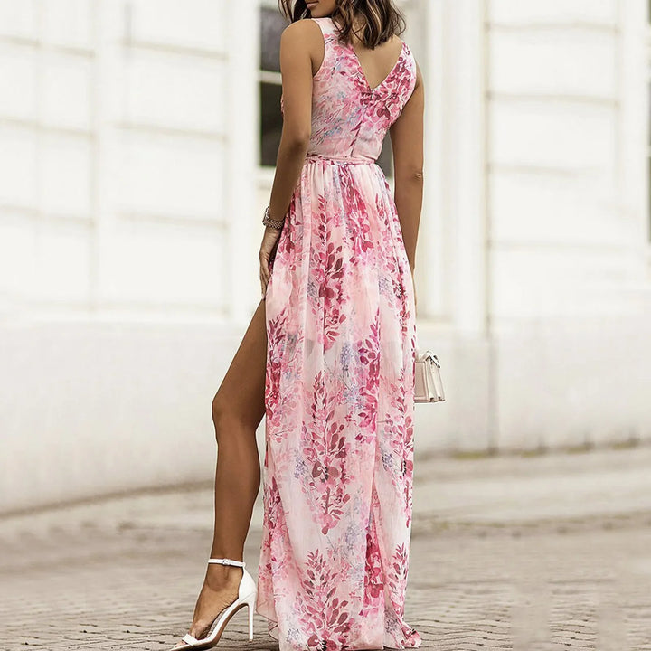 Floral print Felicia maxi dress for women, an elegant long gown with a slit, ideal for evening events.