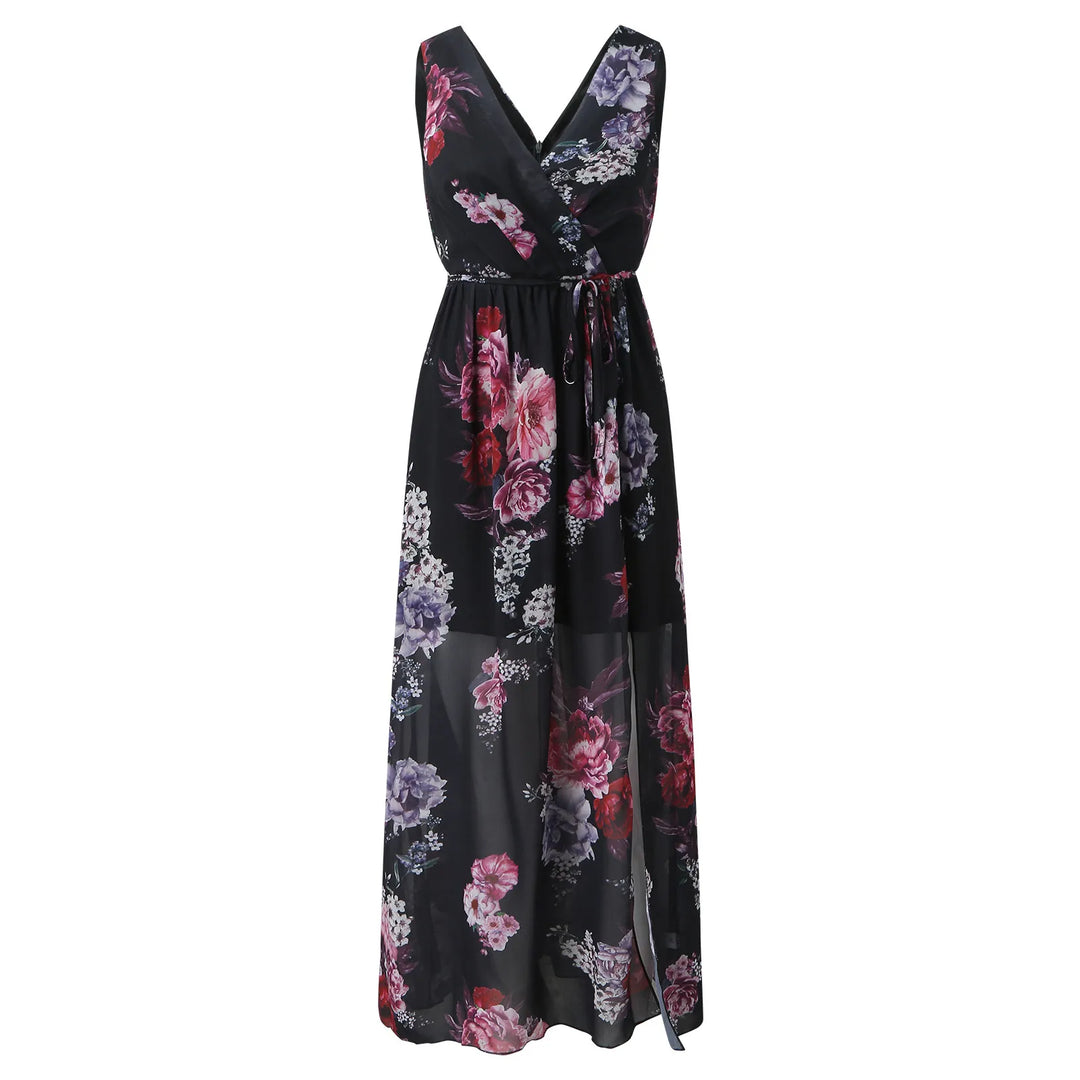 Felicia women's long slit dress in a stunning floral print, offering an elegant look for evening wear.