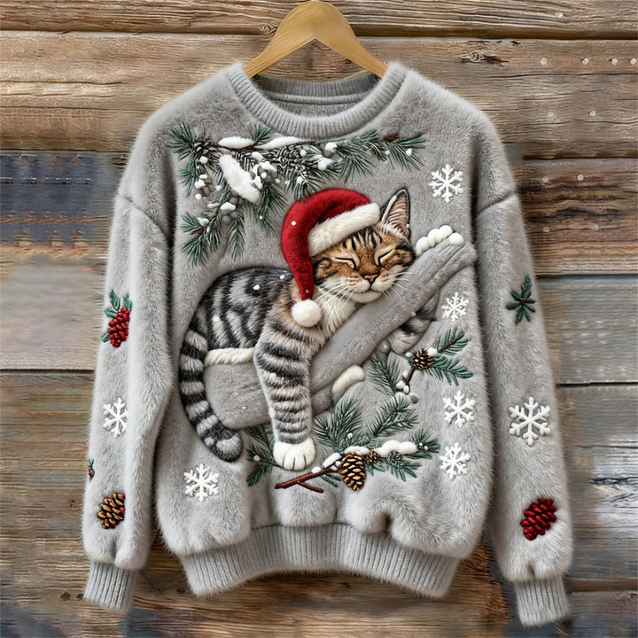 Women's festive crew neck sweater with a cute cat print, perfect for holiday cozy wear.