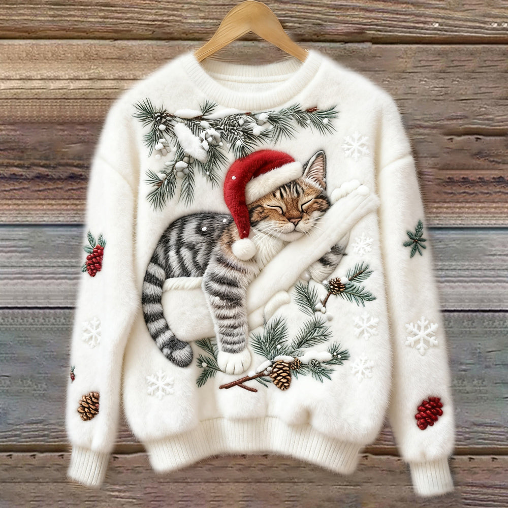 Cozy long sleeve women's holiday jumper featuring an adorable cat print for festive winter fashion.