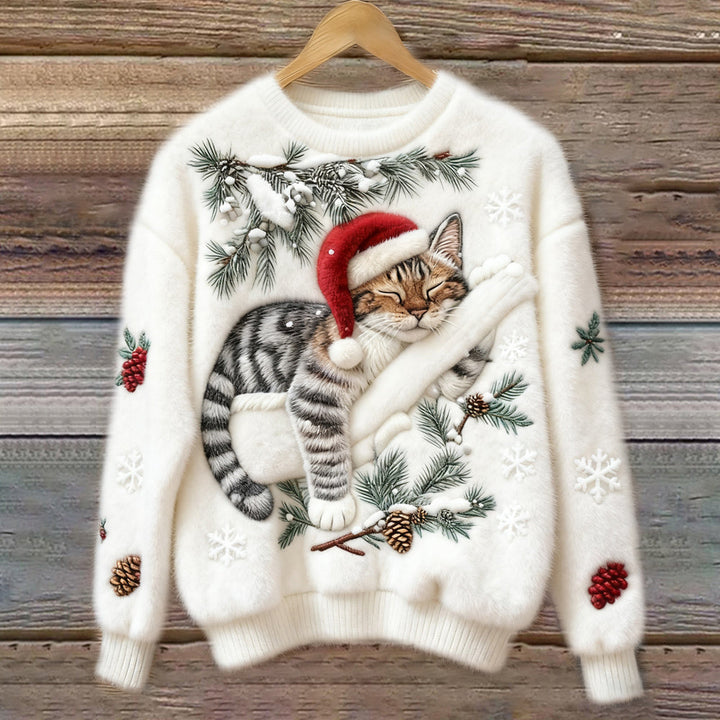 Cozy long sleeve women's holiday jumper featuring an adorable cat print for festive winter fashion.