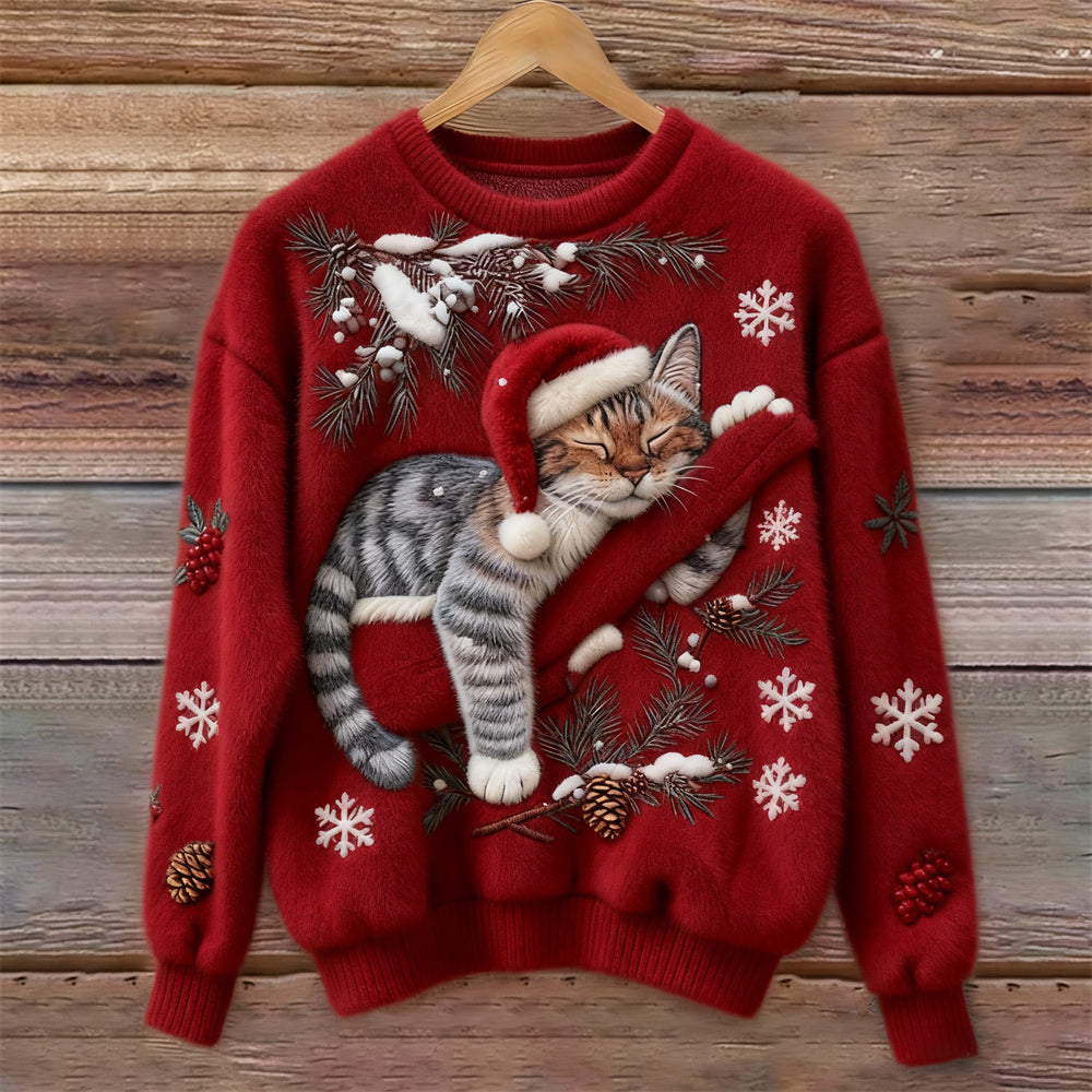 Casual chic women's cat print sweater, a soft crew neck long sleeve top ideal for festive winter outfits.