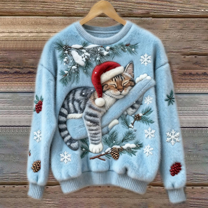 Charming women's festive sweater with a unique cat print design, a cozy crew neck holiday essential.