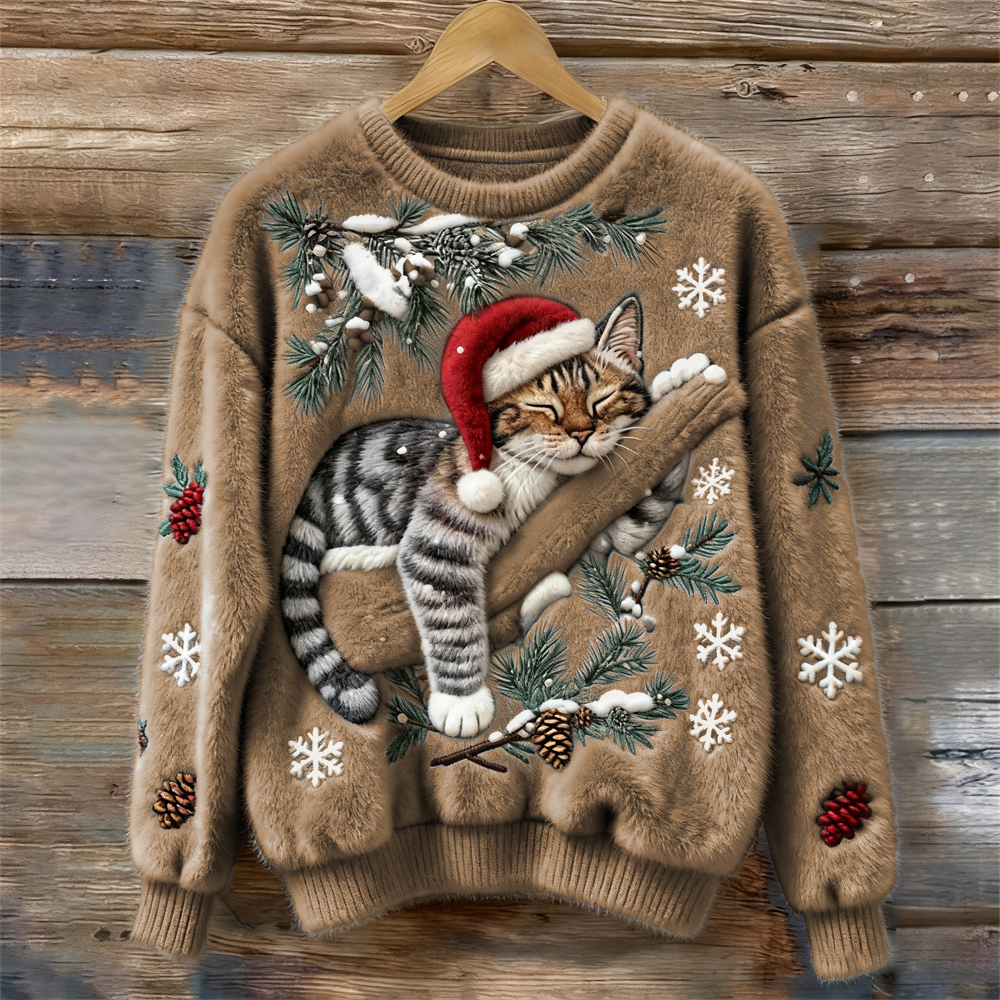 Get cozy with this women's festive cat print holiday jumper, a warm long sleeve sweater for winter celebrations.