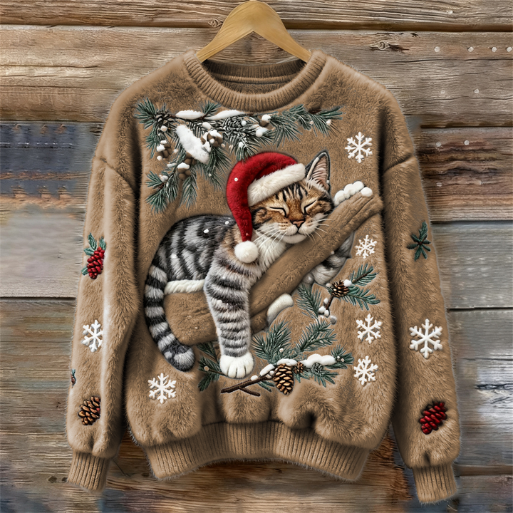 Get cozy with this women's festive cat print holiday jumper, a warm long sleeve sweater for winter celebrations.