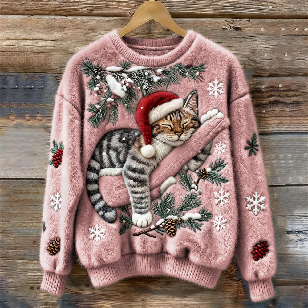 Stylish women's crew neck sweater, long sleeve with a fun cat print, perfect for festive casual winter fashion.