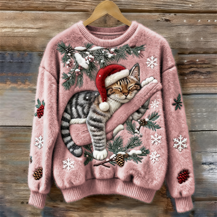 Stylish women's crew neck sweater, long sleeve with a fun cat print, perfect for festive casual winter fashion.