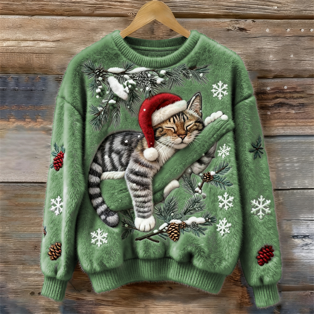Adorable women's festive cat print long sleeve sweater, a cozy holiday jumper for ultimate winter comfort.