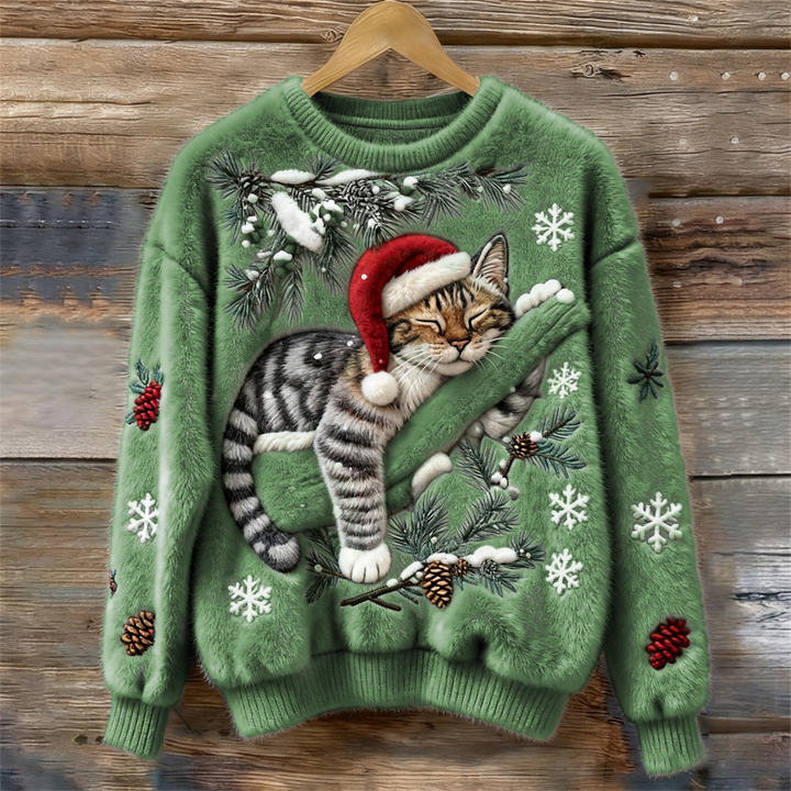 Adorable women's festive cat print long sleeve sweater, a cozy holiday jumper for ultimate winter comfort.