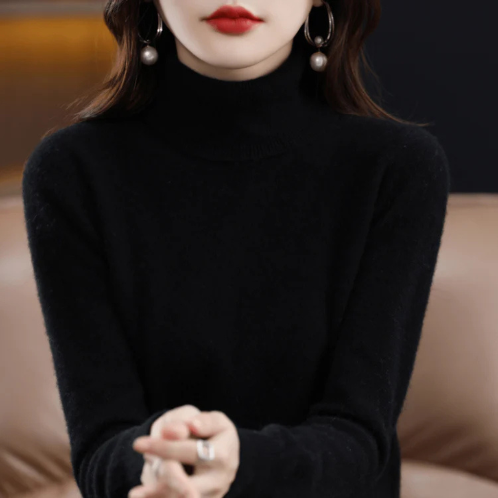 Autumn style women's fine-knit turtleneck sweater. Elegant long-sleeve for cozy winter fashion.