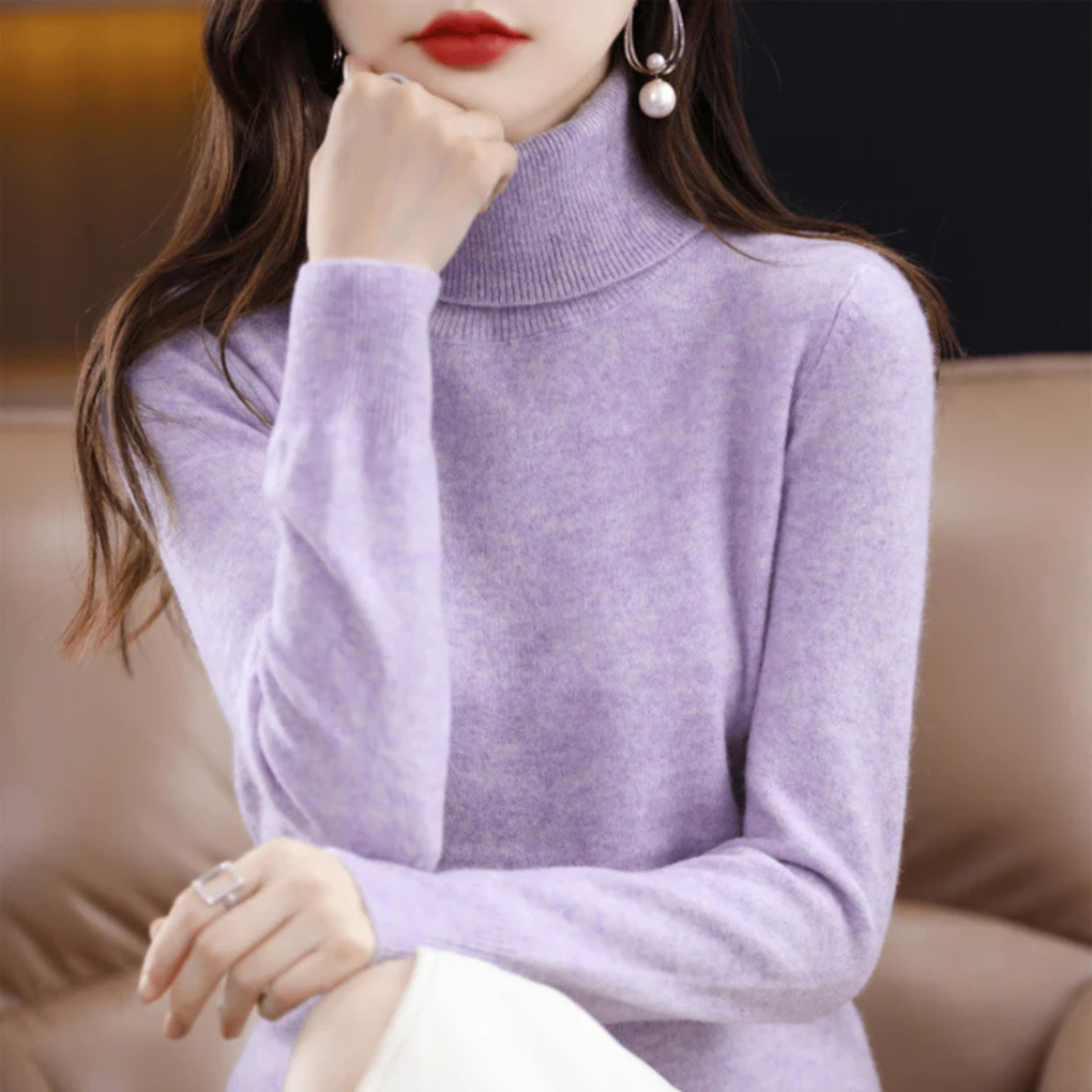 Cozy fine-knit women's turtleneck sweater. Perfect long-sleeve layering top for autumn comfort.