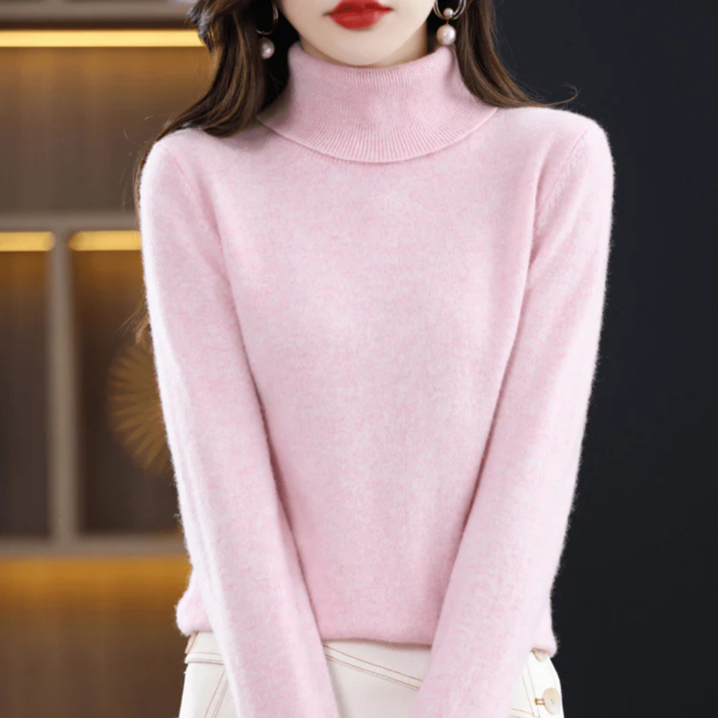 Warm fine-knit women's turtleneck sweater. Elegant long-sleeve for comfortable winter fashion.