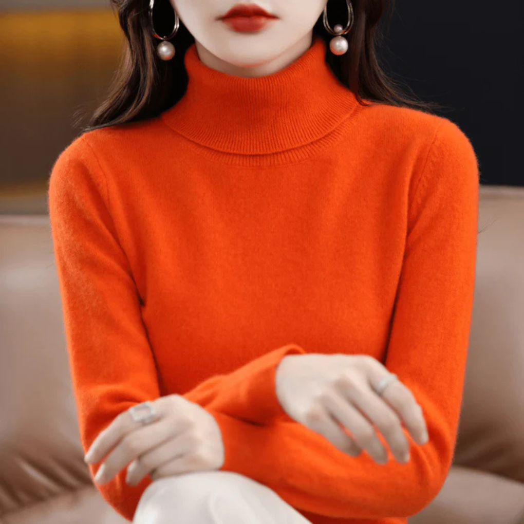 Women's long-sleeve fine-knit turtleneck. Elegant & comfortable for versatile autumn & winter wear.