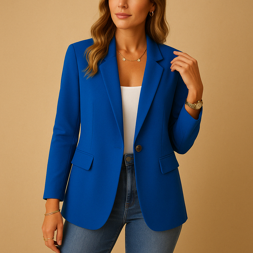 Model wearing a women's fitted tailored blazer, styled for a chic business casual look with stretch comfort.