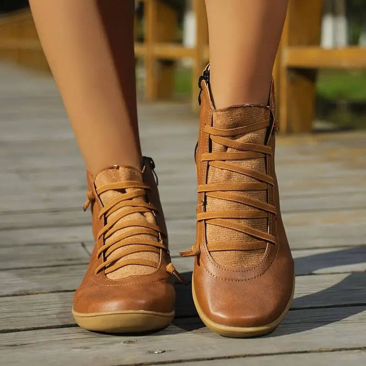 Everyday comfortable women's flat lace-up boots with side zipper, easy to wear for all-day comfort.