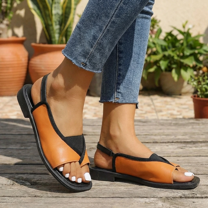 Chic women's summer shoes: flat slingback sandals, square toe, and eye-catching contrast strap.