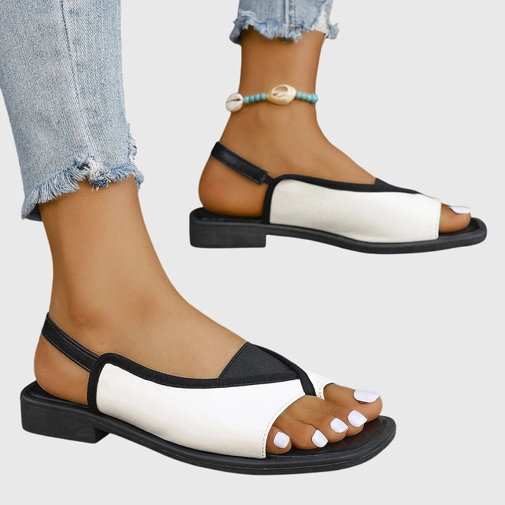 Elegant women's casual sandals, flat, open-toe slingback with a stylish square toe & contrast strap.