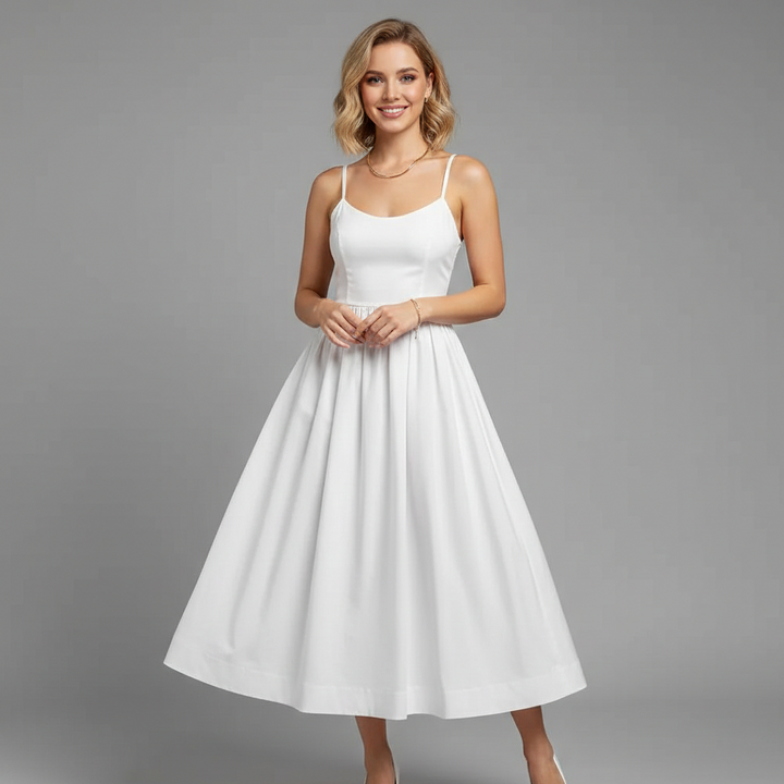 Elegant sleeveless A-line midi dress for women, offering comfortable & versatile wear for any occasion.