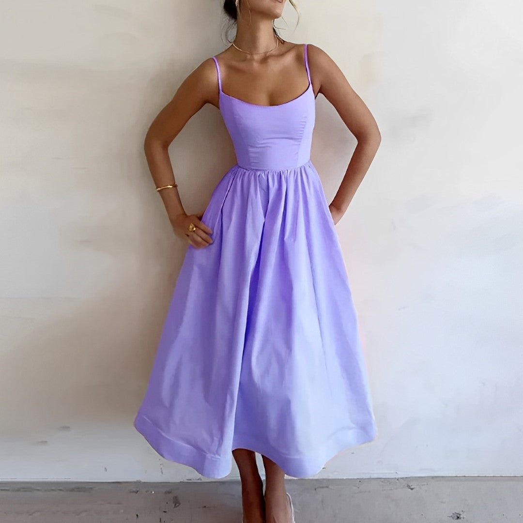Chic women's A-line midi dress, ideal for comfortable summer fashion and elegant occasion wear.