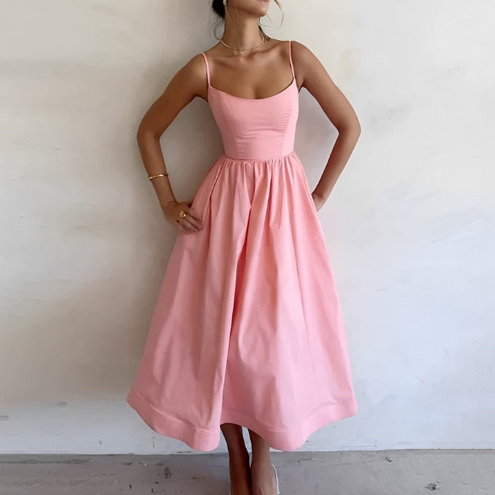 Stylish women's A-line midi dress, perfect for elegant spring fashion, effortless style, and versatile wear.