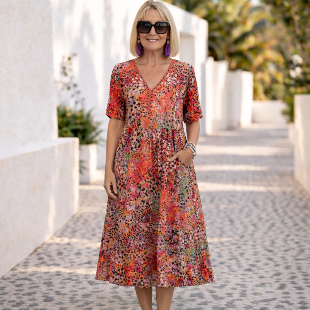 Women's flattering A-line midi dress, perfect for any occasion. Elegant & comfortable flowing design.