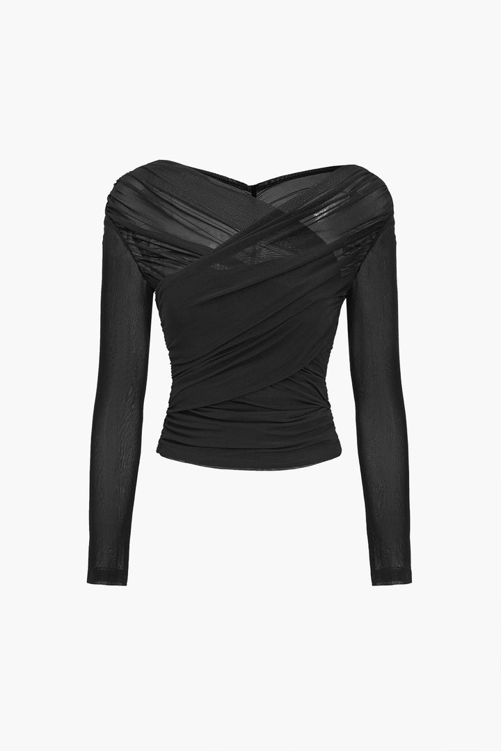 Flattering women's ruched long sleeve top, designed with a fitted silhouette for a chic and elegant look.