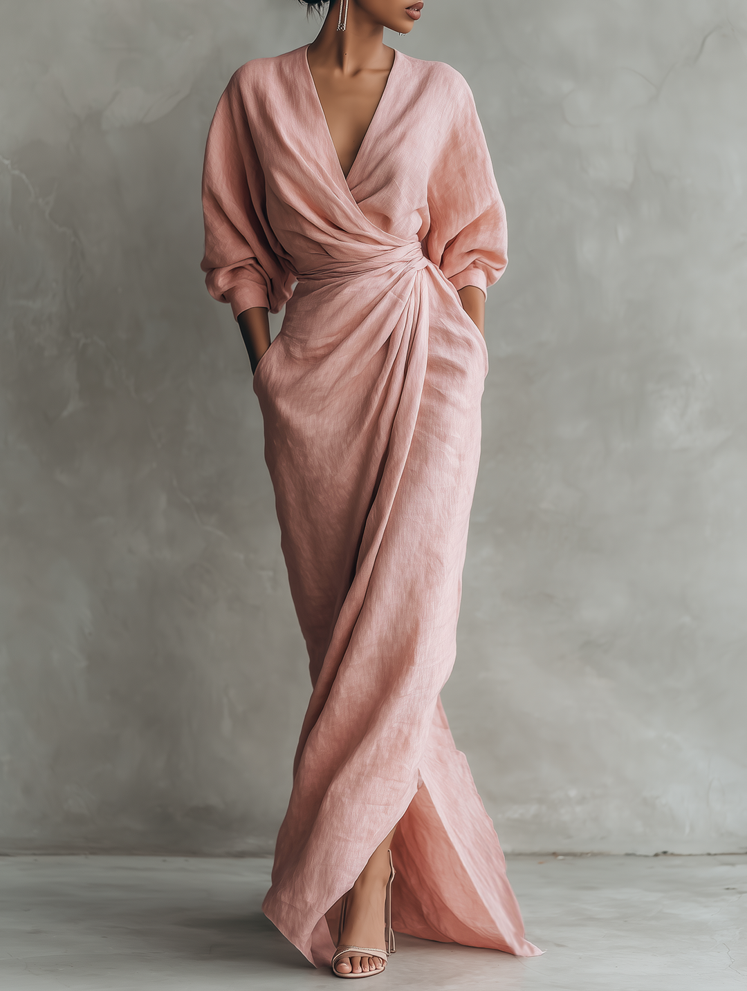 Women's flattering wrap maxi dress with elegant V-neck. Perfect for summer, spring, or casual occasion wear.