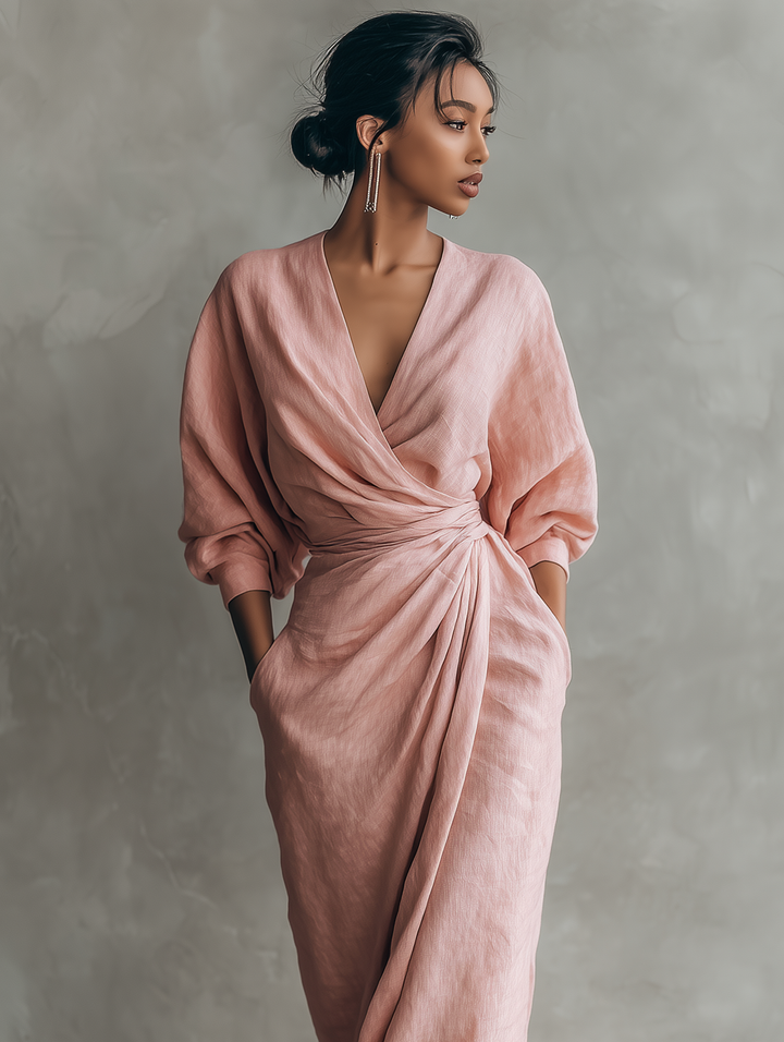 Elegant women's V-neck wrap maxi dress, ideal for spring & summer casual wear or special occasions.