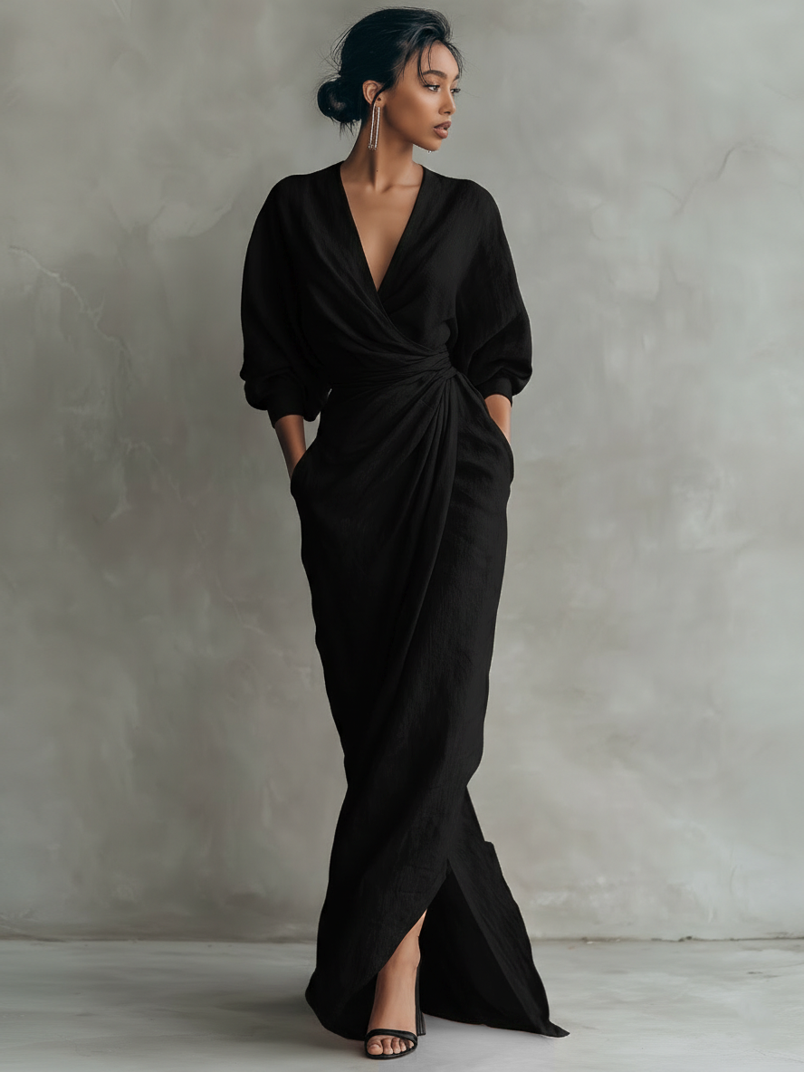 Versatile women's wrap maxi dress with V-neck for a flattering, relaxed fit. Great for casual & elegant wear.