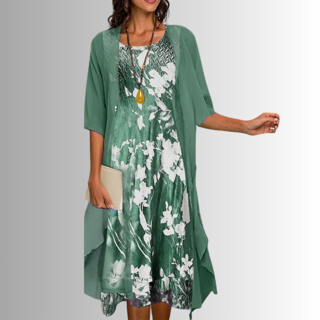 Women's floral 3/4 sleeve two-piece layered set with a maxi dress & open cardigan. Perfect for spring.
