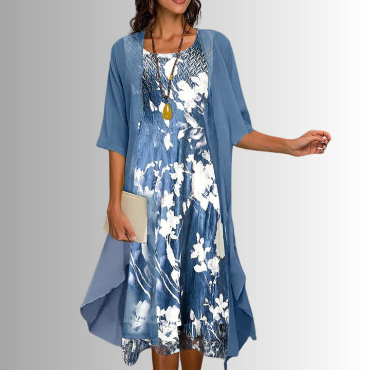 Elegant women's floral two-piece set, a versatile 3/4 sleeve cardigan & matching dress for day-to-night wear.