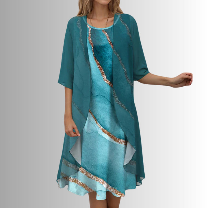 Stylish women's floral print two-piece set, a comfortable 3/4 sleeve dress & cardigan for spring & summer.