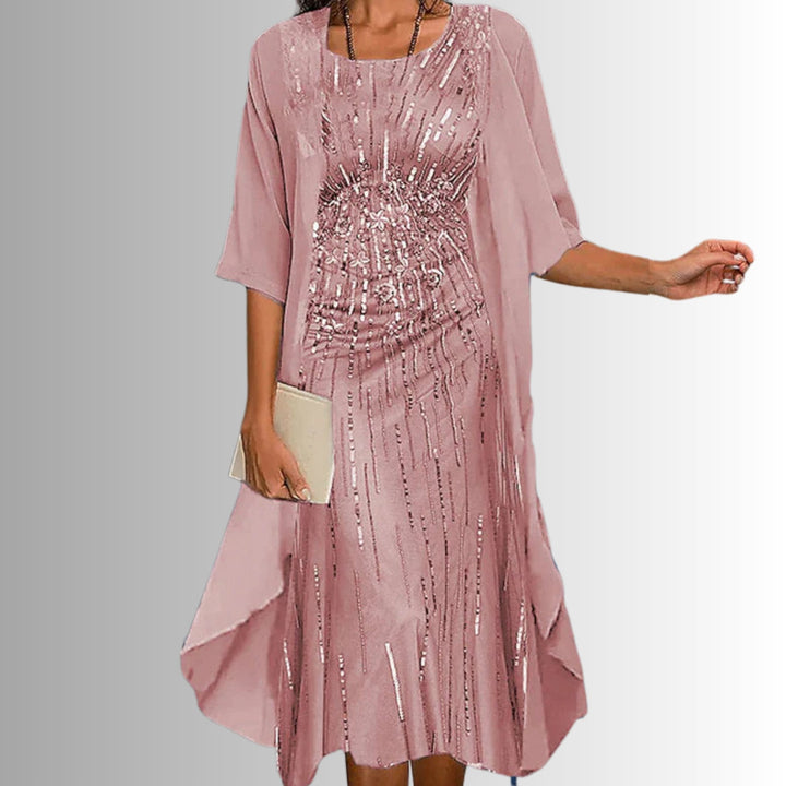 Fashionable women's floral print two-piece set, a chic 3/4 sleeve cardigan dress combo for women.