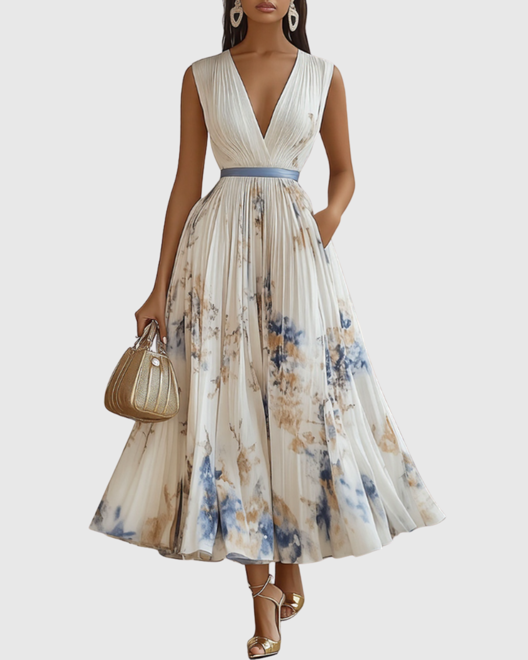 Women's floral A-line sleeveless midi dress, perfect for spring and summer events.