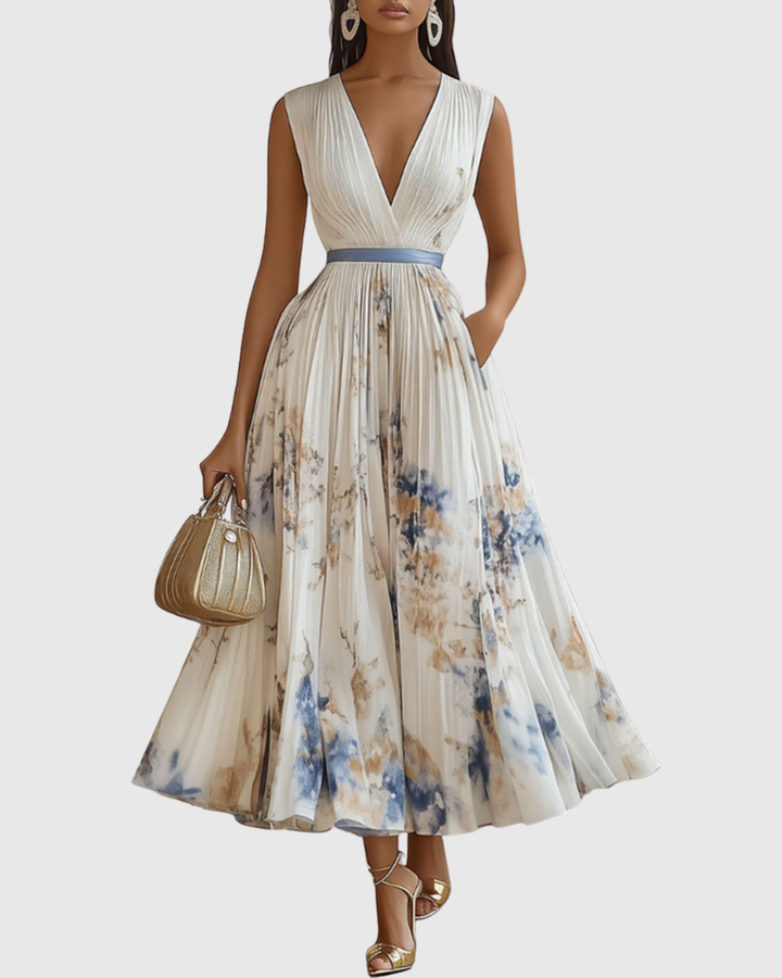 Women's floral A-line sleeveless midi dress, perfect for spring and summer events.