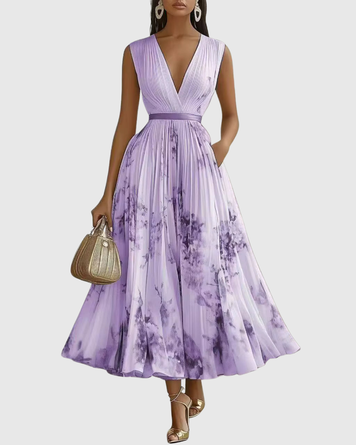 Stylish women's floral A-line sleeveless midi dress, a must-have for spring and summer wardrobes.