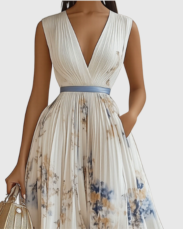 Elegant women's floral print A-line midi dress with a sleeveless design, ideal for parties.