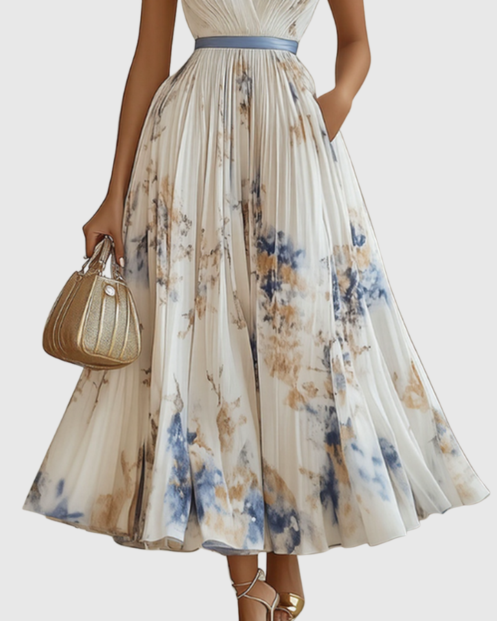Versatile women's floral A-line sleeveless midi dress, suitable for casual or elegant occasions.