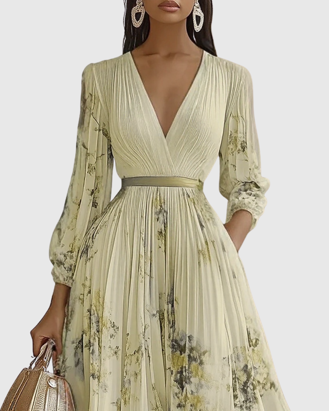 Front view of a women's floral A-line sleeveless midi dress, showcasing its elegant print.