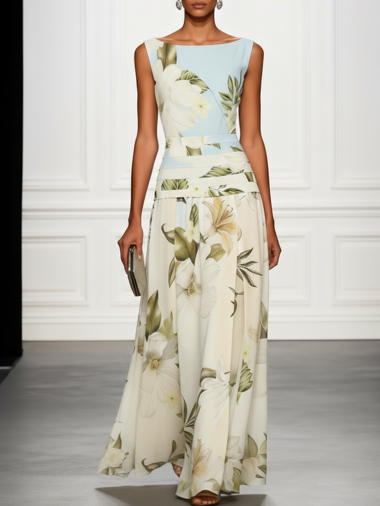 Women's floral boat neck sleeveless maxi dress, perfect for summer occasions.