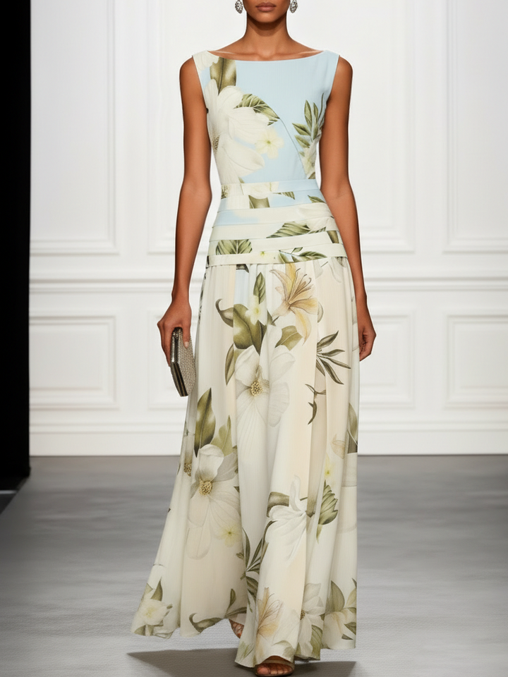Women's floral boat neck sleeveless maxi dress, perfect for summer occasions.