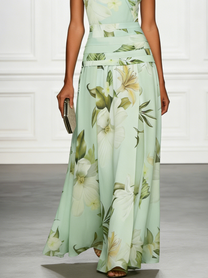 Women's fashion floral maxi dress with boat neck, perfect for summer parties.