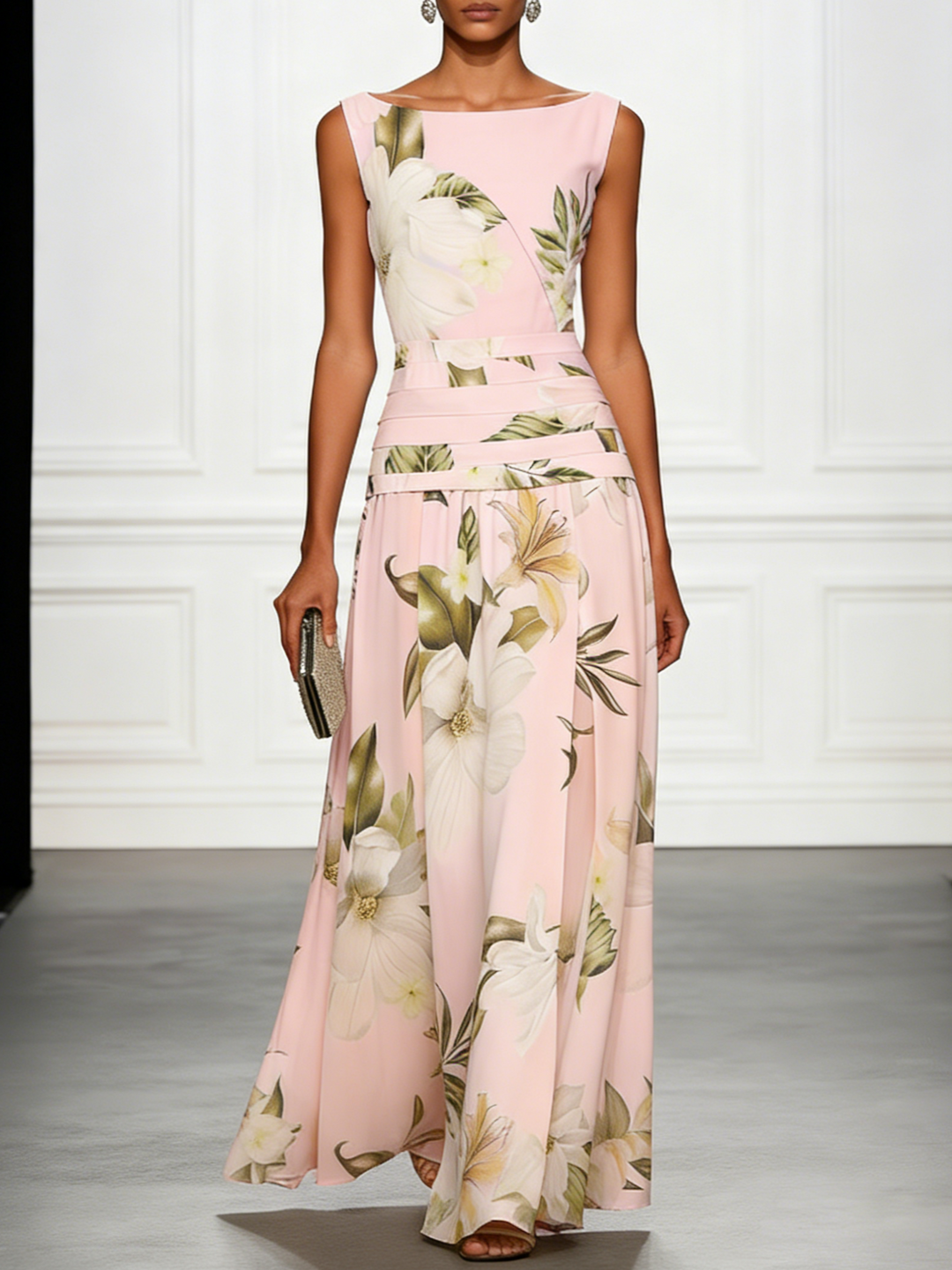 Sophisticated floral sleeveless maxi dress, elegant and flowy for any event.
