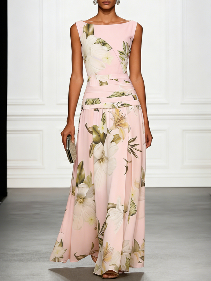 Sophisticated floral sleeveless maxi dress, elegant and flowy for any event.