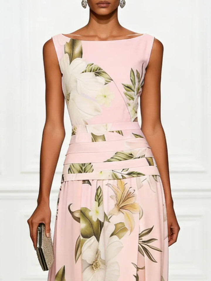 Formal floral maxi dress, a stunning boat neck option for wedding guests.