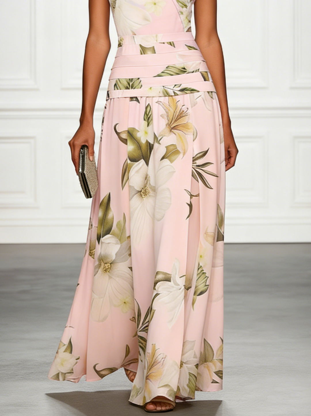 Vibrant floral print sleeveless boat neck maxi dress, ideal for summer wear.